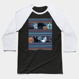 Embroidery Halloween // black cats orange and teal pumpkins white ghosts and purple stitches on teal background Baseball T-Shirt